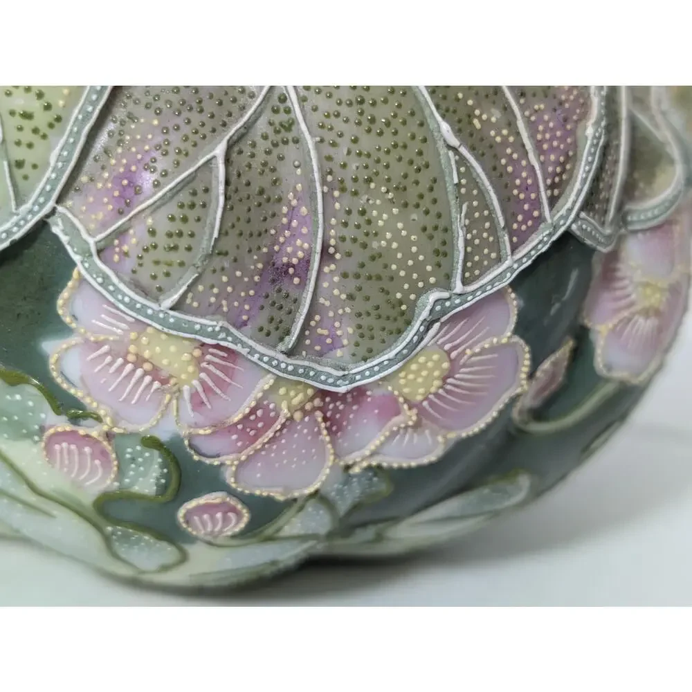 Antique Nippon Moriage Lobed Porcelain Vase Lotus Leaf Floral